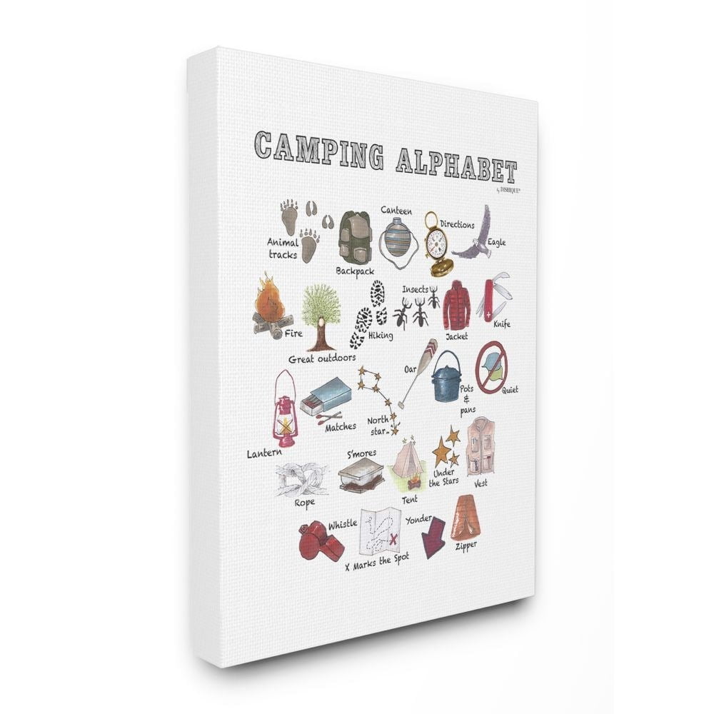 The Kids Room by Stupell Watercolor Camping Alphabet with Map Tent and Animal Tracks Super Canvas Wall Art