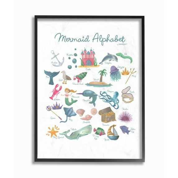 The Kids Room by Stupell Watercolor Mermaid Alphabet with Bubbles Sea Creatures and Anchor Framed Giclee Texturized Art