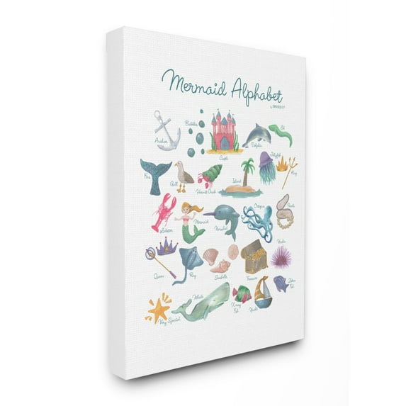 The Kids Room by Stupell Watercolor Mermaid Alphabet with Bubbles Sea Creatures and Anchor Super Canvas Wall Art