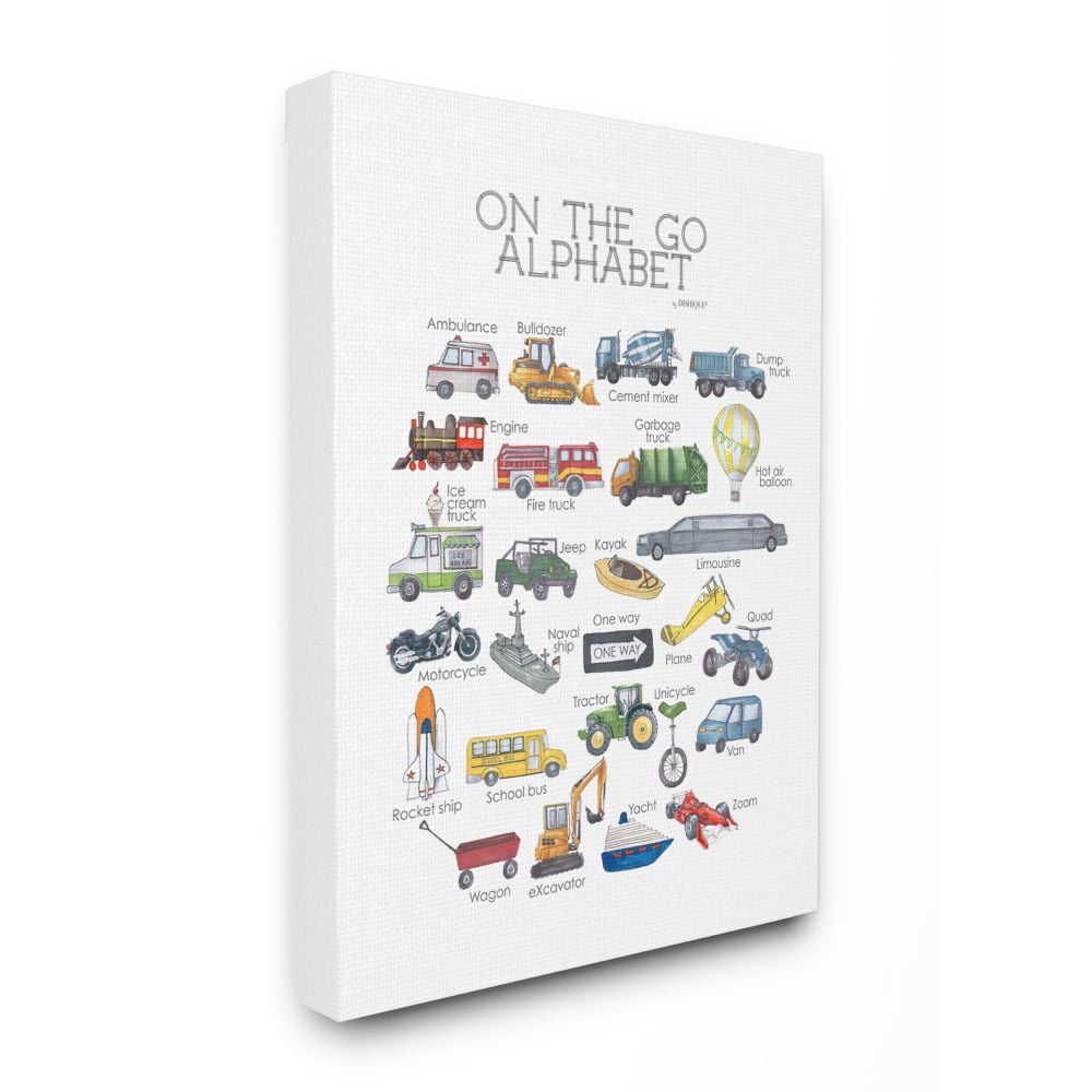 The Kids Room by Stupell Watercolor On The Go Transportation Alphabet with Firetruck Airplane and School Bus Canvas Wall Art