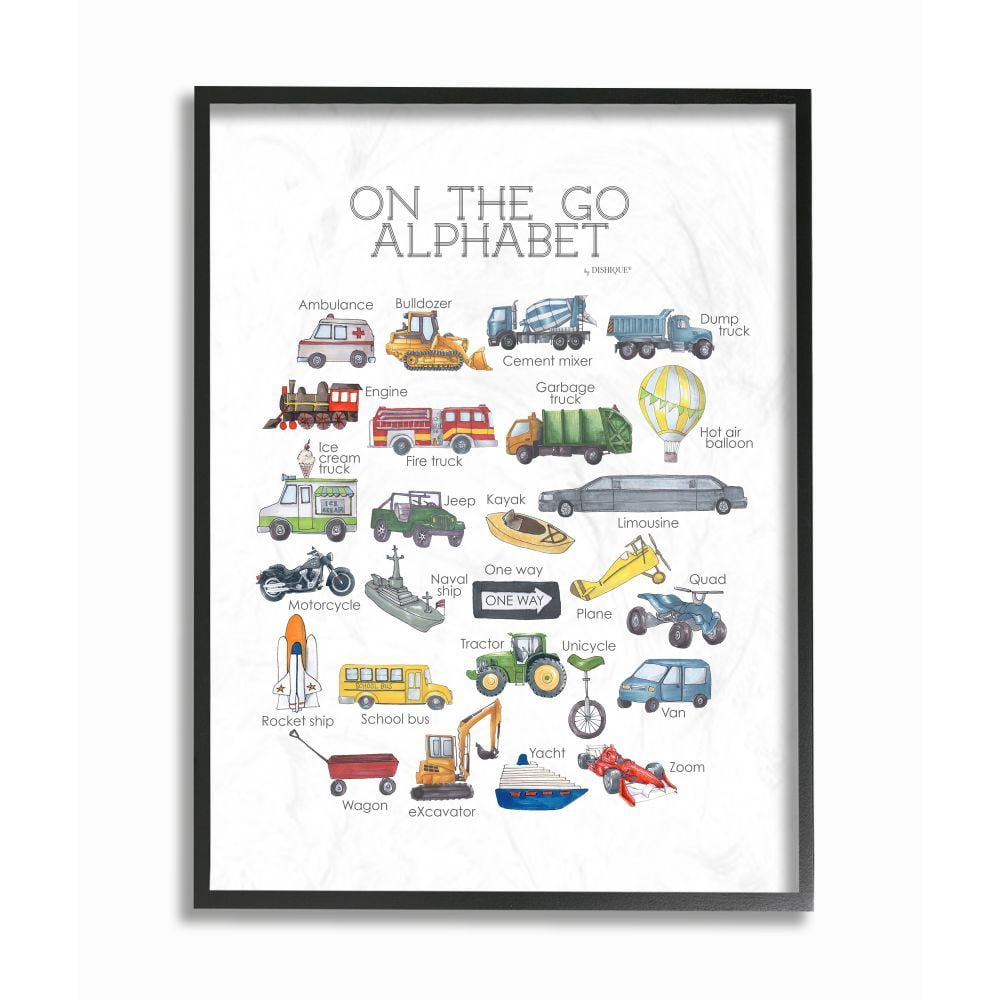 The Kids Room by Stupell Watercolor On The Go Transportation Alphabet with Firetruck Airplane and School Bus Framed Giclee Texturized Art