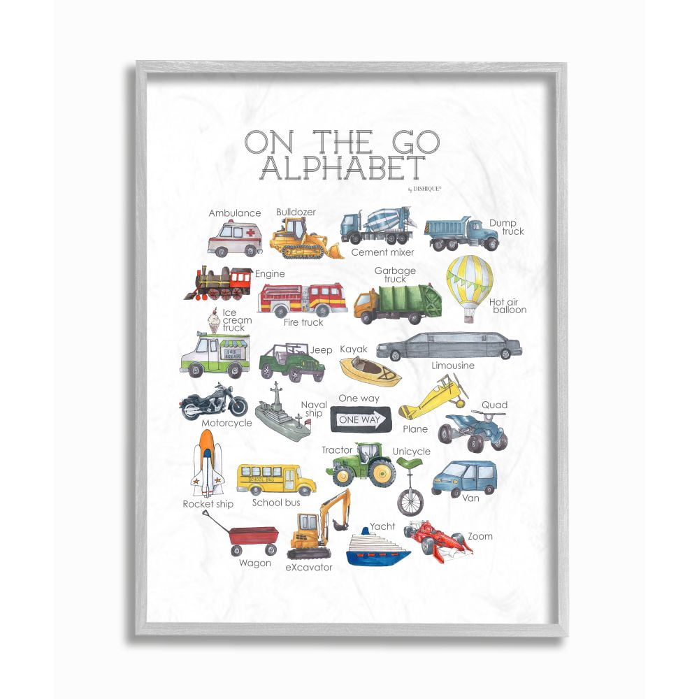 The Kids Room by Stupell Watercolor On The Go Transportation Alphabet with Firetruck Airplane and School Bus Framed Wall Art by Dishique