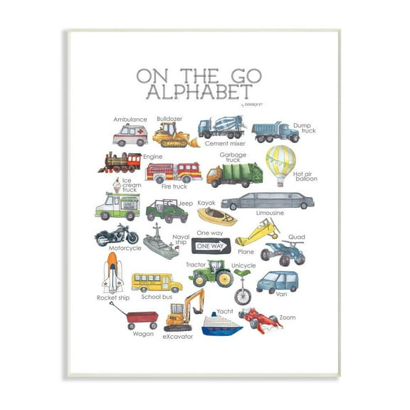 The Kids Room by Stupell Watercolor On The Go Transportation Alphabet with Firetruck Airplane and School Bus Wall Plaque Art