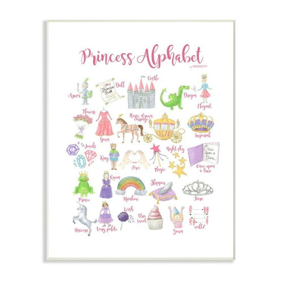 The Kids Room by Stupell Watercolor Princess Alphabet with Castle Dragon and Crown Wall Plaque Art