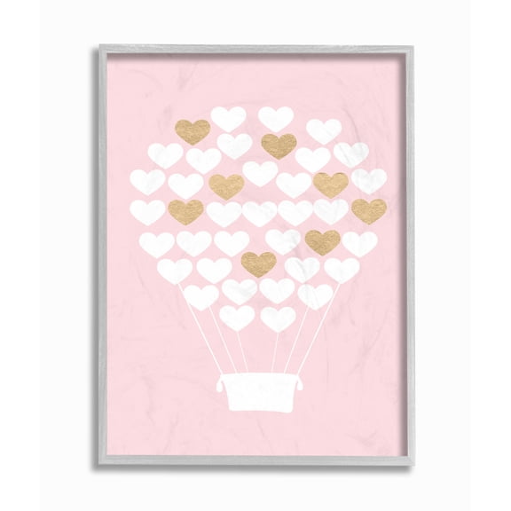The Kids Room by Stupell White Gold Pink Heart Hot Air Balloon Framed Wall Art by Daphne Poselli