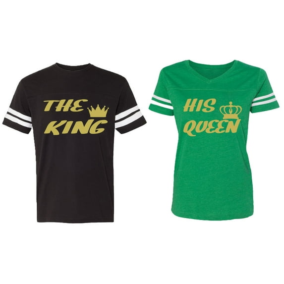 The King His Queen Matching Couple Cotton Jerseys (Men Black / Women Green) (Men S / Women S)