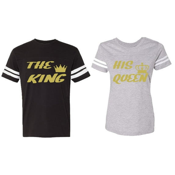 The King His Queen Matching Couple Cotton Jerseys (Men Black / Women Heather) (Men M / Women XL)