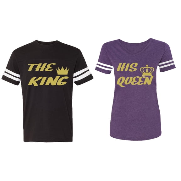 The King His Queen Matching Couple Cotton Jerseys (Men Black / Women Purple) (Men XXXL / Women XXL)