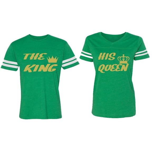 The King His Queen Matching Couple Cotton Jerseys (Men Green / Women Green) (Men L / Women XXL)