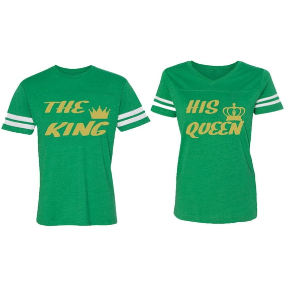 The King His Queen Matching Couple Cotton Jerseys (Men Green / Women Green) (Men S / Women XL)