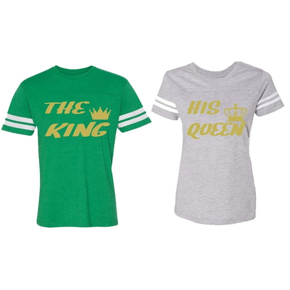 The King His Queen Matching Couple Cotton Jerseys (Men Green / Women Heather) (Men XXL / Women M)
