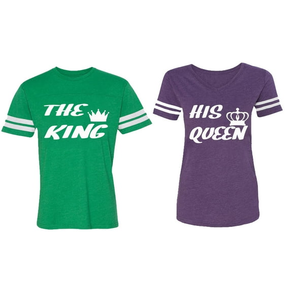 The King His Queen Matching Couple Cotton Jerseys (Men Green / Women Purple) (Men XXL / Women M)