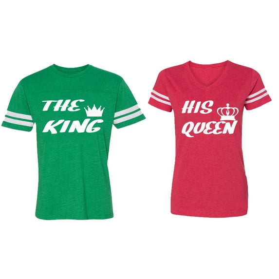 The King His Queen Matching Couple Cotton Jerseys (Men Green / Women Red) (Men L / Women S)