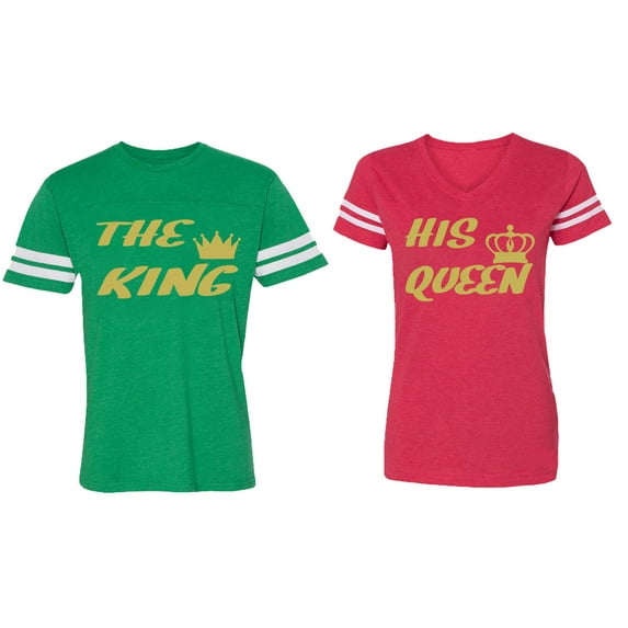 The King His Queen Matching Couple Cotton Jerseys (Men Green / Women Red) (Men S / Women M)