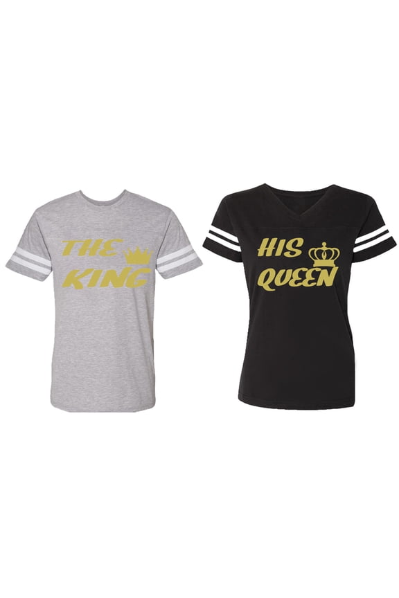 The King His Queen Matching Couple Cotton Jerseys (Men Heather / Women Black) (Men S / Women S)