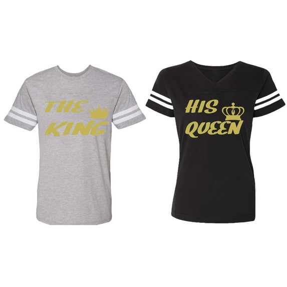 The King His Queen Matching Couple Cotton Jerseys (Men Heather / Women Black) (Men S / Women S)