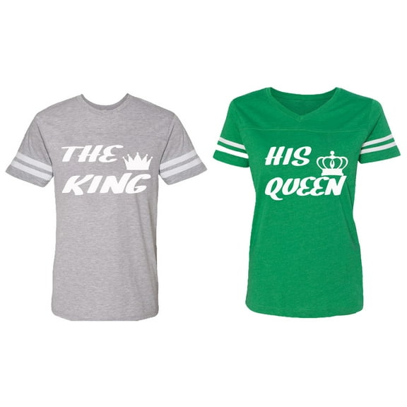 The King His Queen Matching Couple Cotton Jerseys (Men Heather / Women Green) (Men L / Women XL)