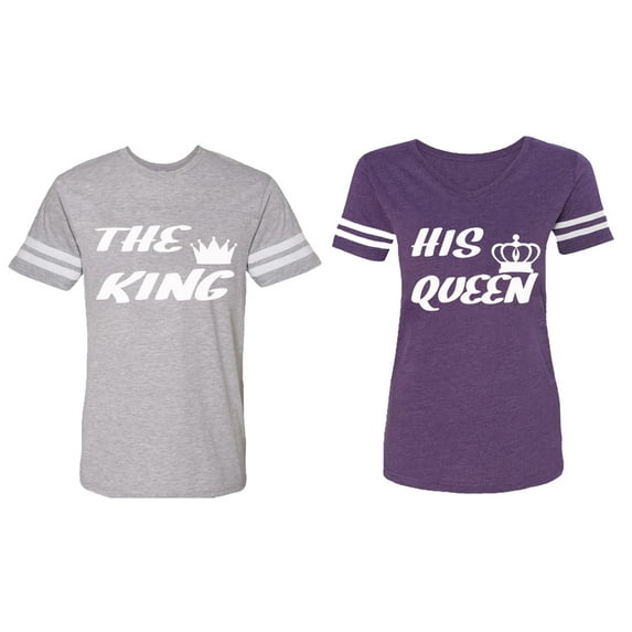 The King His Queen Matching Couple Cotton Jerseys (Men Heather / Women Purple) (Men L / Women L)