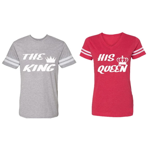 The King His Queen Matching Couple Cotton Jerseys (Men Heather / Women Red) (Men L / Women XXL)