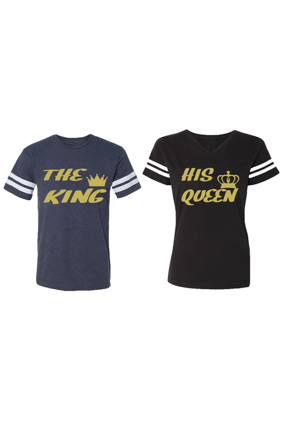 The King His Queen Matching Couple Cotton Jerseys (Men Navy / Women Black) (Men L / Women L)