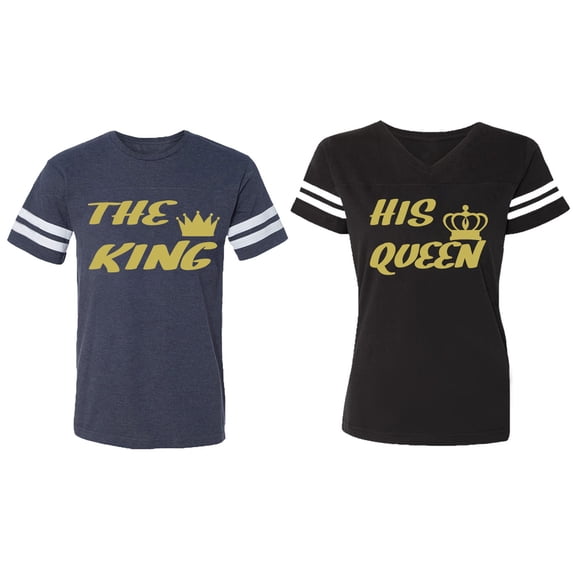 The King His Queen Matching Couple Cotton Jerseys (Men Navy / Women Black) (Men L / Women S)