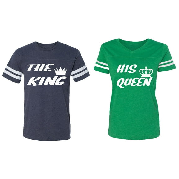 The King His Queen Matching Couple Cotton Jerseys (Men Navy / Women Green) (Men L / Women L)