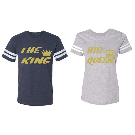 The King His Queen Matching Couple Cotton Jerseys (Men Navy / Women Heather) (Men M / Women L)