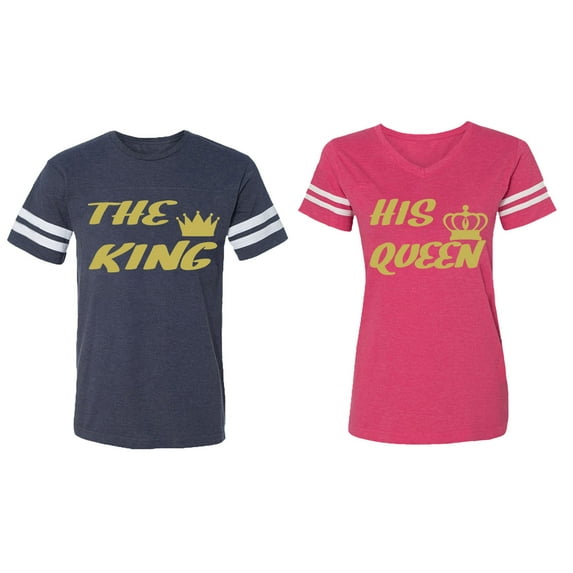 The King His Queen Matching Couple Cotton Jerseys (Men Navy / Women Pink) (Men M / Women XL)
