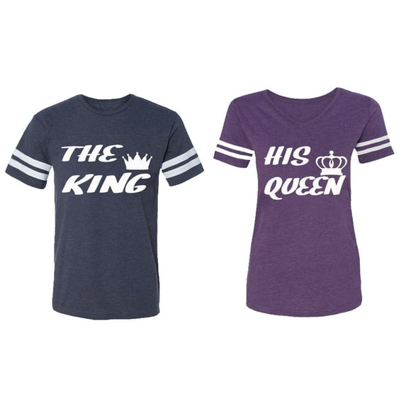 The King His Queen Matching Couple Cotton Jerseys (Men Navy / Women Purple) (Men XL / Women XL)