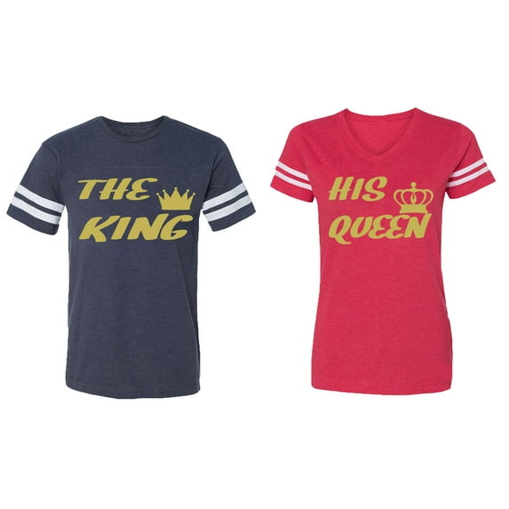 The King His Queen Matching Couple Cotton Jerseys (Men Navy / Women Red) (Men M / Women XL)