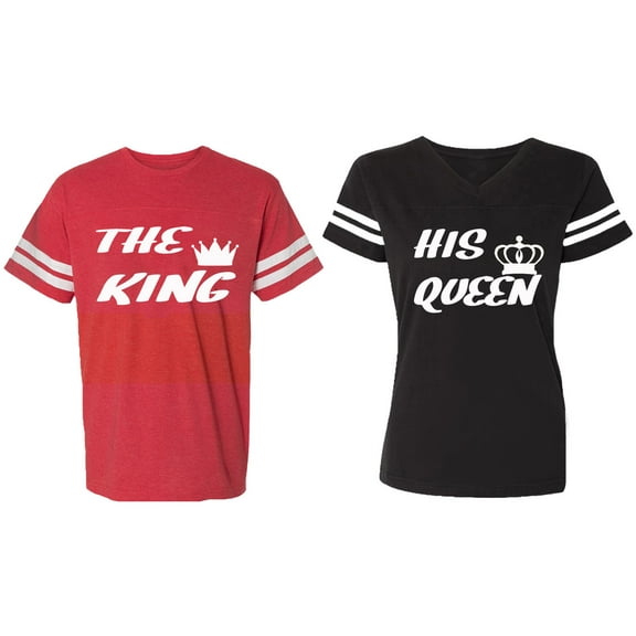 The King His Queen Matching Couple Cotton Jerseys (Men Red / Women Black) (Men L / Women L)