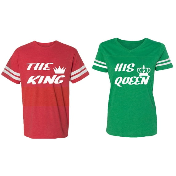 The King His Queen Matching Couple Cotton Jerseys (Men Red / Women Green) (Men XL / Women M)