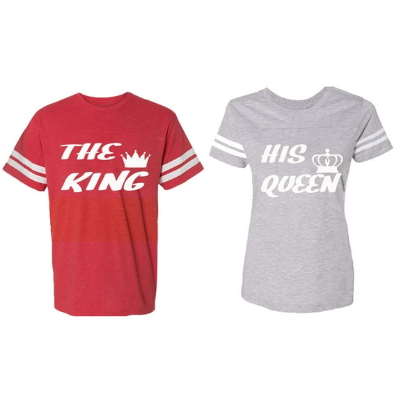 The King His Queen Matching Couple Cotton Jerseys (Men Red / Women Heather) (Men L / Women XL)