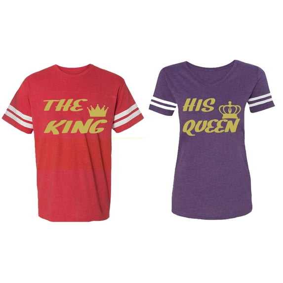 The King His Queen Matching Couple Cotton Jerseys (Men Red / Women Purple) (Men M / Women XXL)