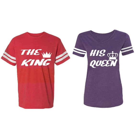 The King His Queen Matching Couple Cotton Jerseys (Men Red / Women Purple) (Men XXXL / Women XXL)