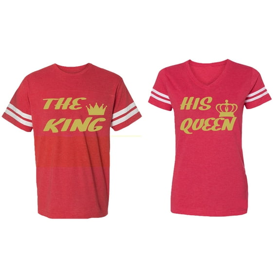 The King His Queen Matching Couple Cotton Jerseys (Men Red / Women Red) (Men S / Women M)