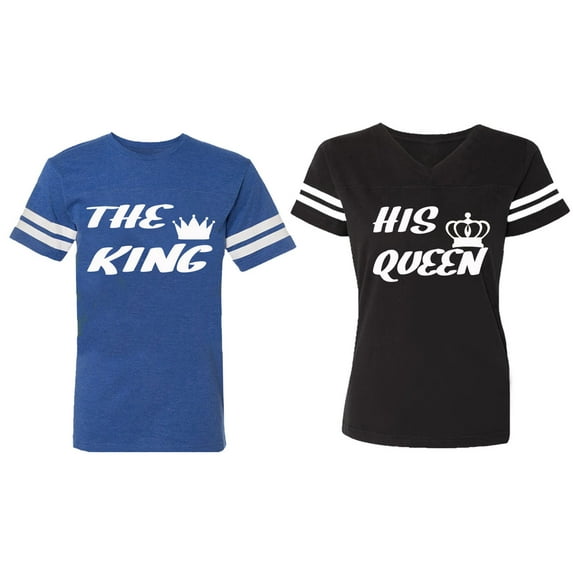 The King His Queen Matching Couple Cotton Jerseys (Men Royal / Women Black) (Men M / Women XL)