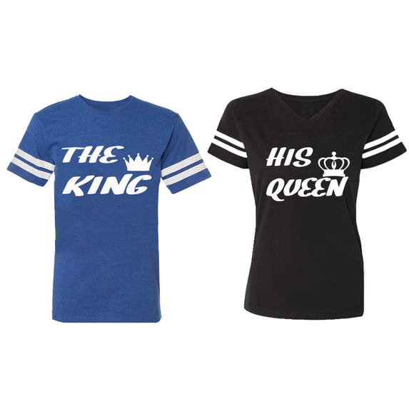 The King His Queen Matching Couple Cotton Jerseys (Men Royal / Women Black) (Men S / Women M)
