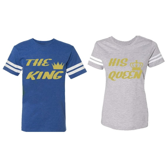 The King His Queen Matching Couple Cotton Jerseys (Men Royal / Women Heather) (Men M / Women S)