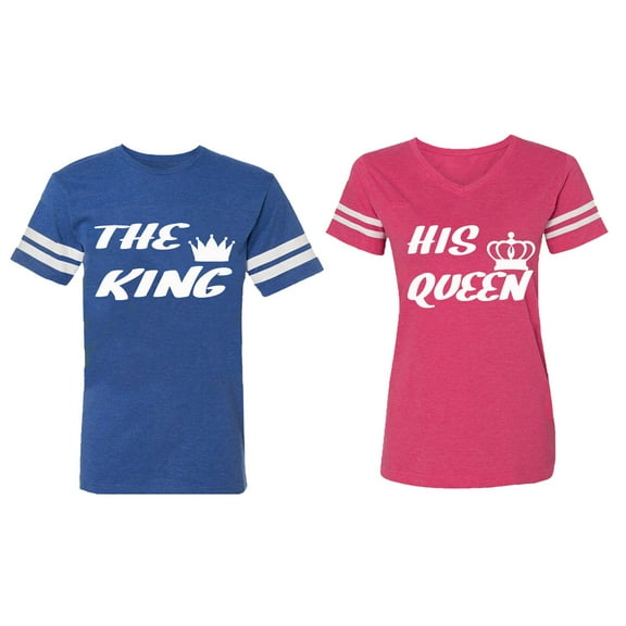 The King His Queen Matching Couple Cotton Jerseys (Men Royal / Women Pink) (Men XL / Women L)