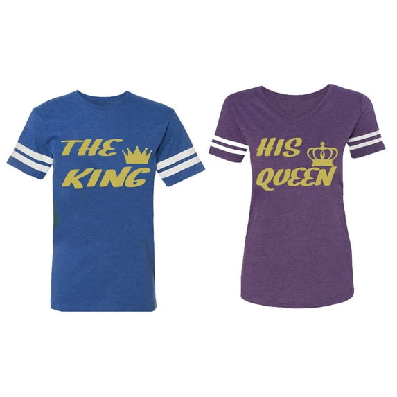 The King His Queen Matching Couple Cotton Jerseys (Men Royal / Women Purple) (Men XXL / Women S)
