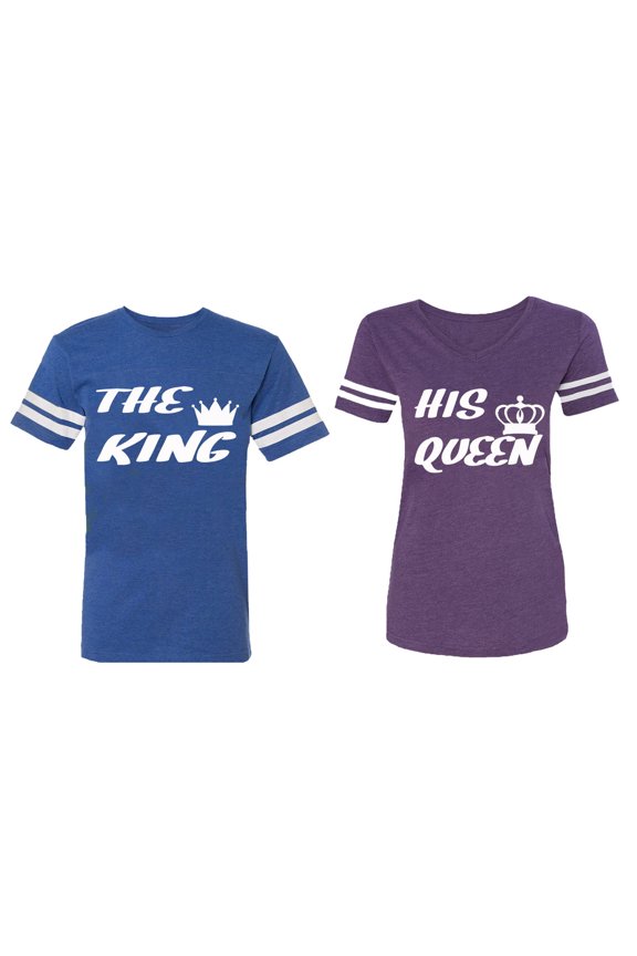The King His Queen Matching Couple Cotton Jerseys (Men Royal / Women Purple) (Men XXL / Women XXL)