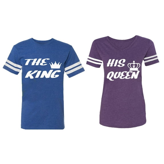 The King His Queen Matching Couple Cotton Jerseys (Men Royal / Women Purple) (Men XXXL / Women XXL)