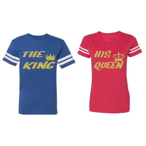 The King His Queen Matching Couple Cotton Jerseys (Men Royal / Women Red) (Men S / Women XL)
