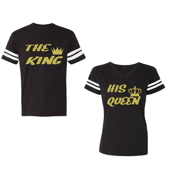 The King His Queen Unisex Couple Matching Cotton Jersey style T-Shirt Contrasting stripes on sleeves (Men Black / Women Black) (Men S / Women S)