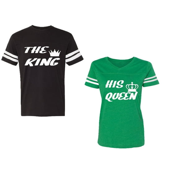 The King His Queen Unisex Couple Matching Cotton Jersey style T-Shirt Contrasting stripes on sleeves (Men Black / Women Green) (Men S / Women XL)
