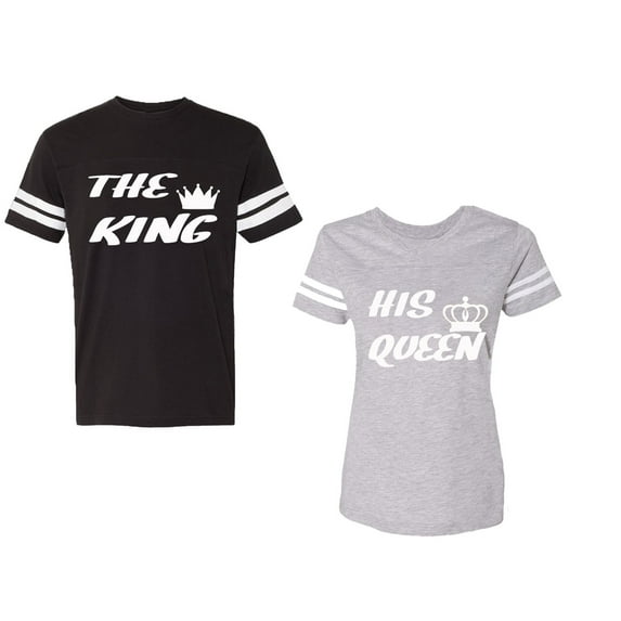 The King His Queen Unisex Couple Matching Cotton Jersey style T-Shirt Contrasting stripes on sleeves (Men Black / Women Heather) (Men S / Women XXL)