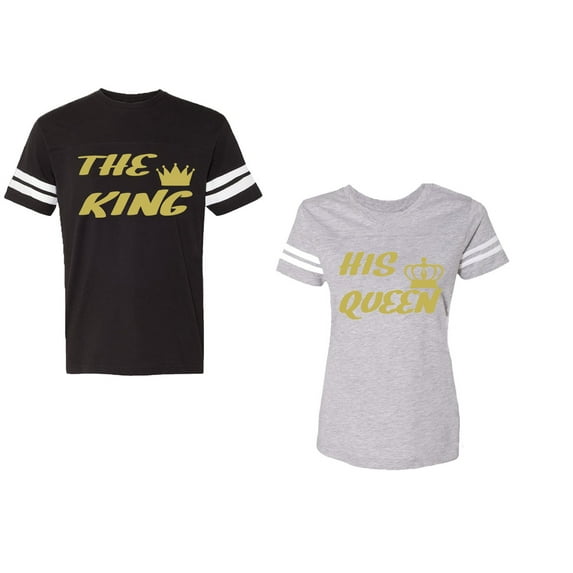 The King His Queen Unisex Couple Matching Cotton Jersey style T-Shirt Contrasting stripes on sleeves (Men Black / Women Heather) (Men XL / Women S)