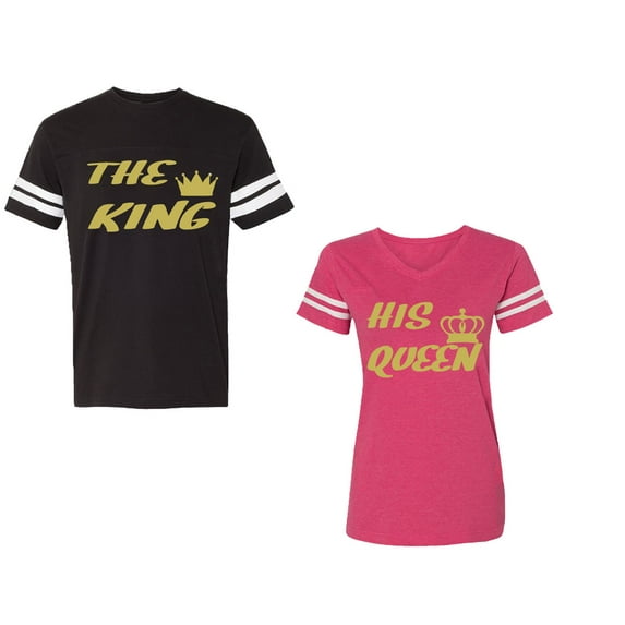 The King His Queen Unisex Couple Matching Cotton Jersey style T-Shirt Contrasting stripes on sleeves (Men Black / Women Pink) (Men L / Women S)