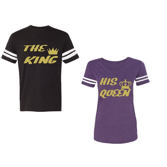 The King His Queen Unisex Couple Matching Cotton Jersey style T-Shirt Contrasting stripes on sleeves (Men Black / Women Purple) (Men M / Women L)